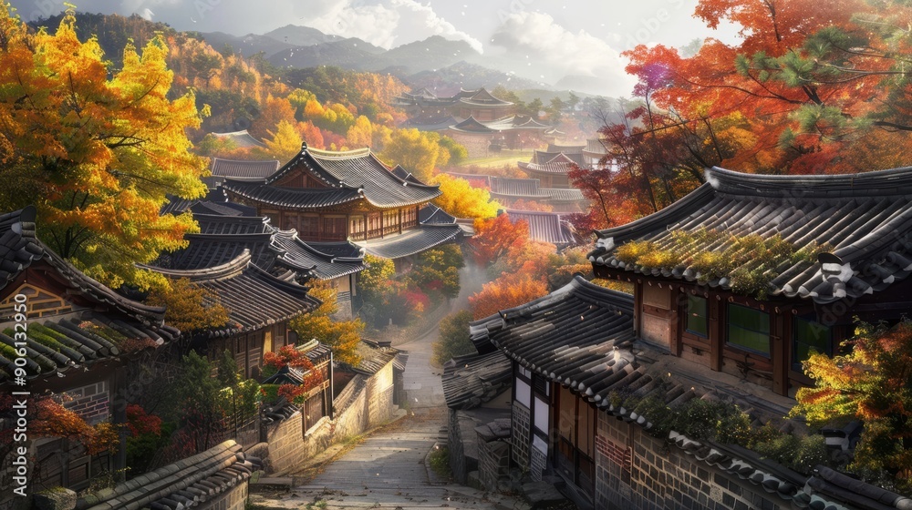 A picturesque scene of a Korean village with traditional hanok houses, narrow streets, and vibrant autumn foliage A picturesque scene of a Korean village with traditional hanok houses, narrow streets, and vibrant autumn foliage