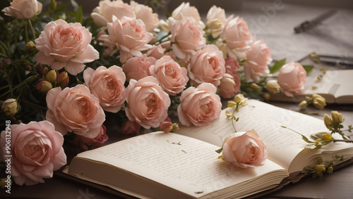 a book with an open by pink roses 