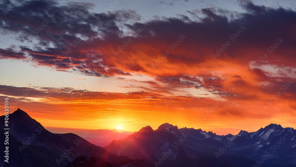 Fototapeta premium Vibrant Sunset Over Mountain Range with Dramatic Lighting and Rich Color