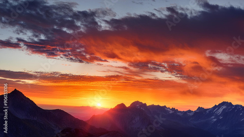 Vibrant Sunset Over Mountain Range with Dramatic Lighting and Rich Color