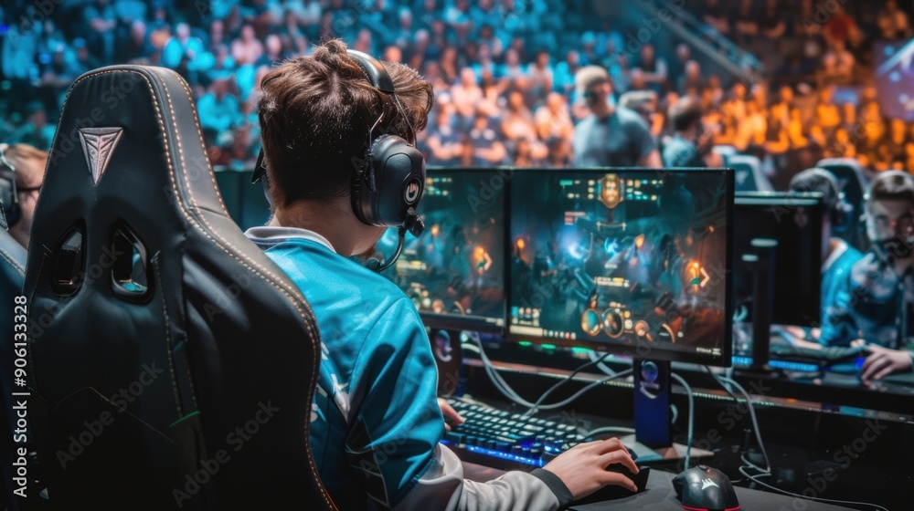 A professional esports tournament with teams competing on stage in front of a live audience A professional esports tournament with teams competing on stage in front of a live audience