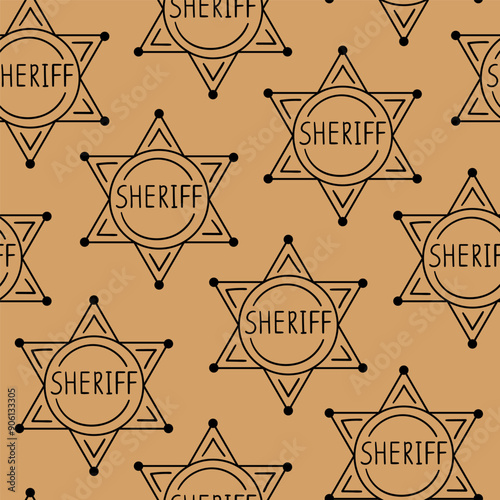 Seamless pattern with sheriff badge star. Hand drawn illustration.