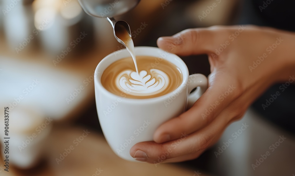 Barista filling a white cup with coffee, Generative AI Barista filling a white cup with coffee, Generative AI