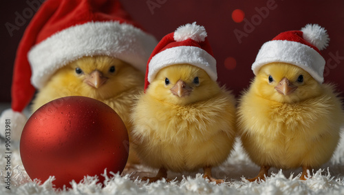 Three fluffy yellow chicks wearing Santa hats, sitting on a bed of brown straw.