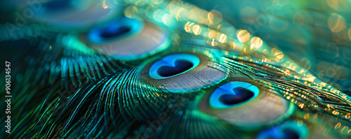 Close-up of the vibrant green and blue plumage patterns on peacock feathers, showcasing intricate feather textures and colors
