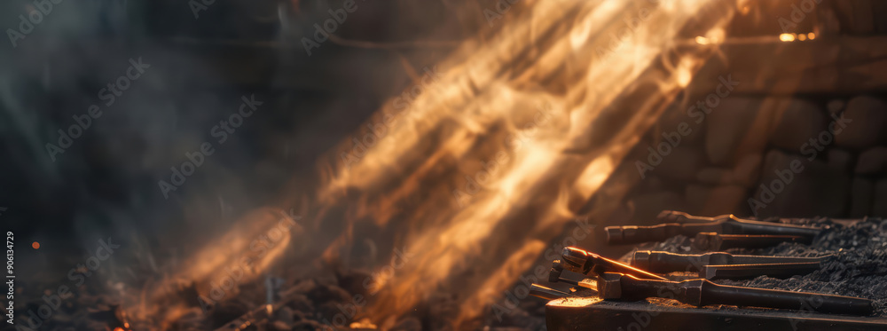 A fantastical blacksmiths forge with enchanted tools and sunlight filtering through the smoke A fantastical blacksmiths forge with enchanted tools and sunlight filtering through the smoke