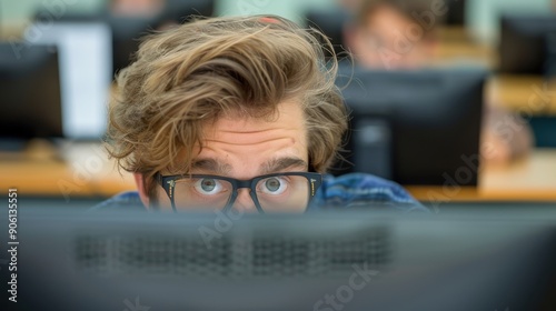 Sneaky student peeking at classmate's test with unaware teacher in background