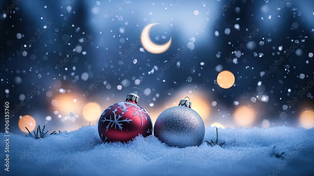 Fototapeta premium Peaceful Winter Scene with Christmas Ornaments - Perfect for Holiday Cards and Seasonal Decorations