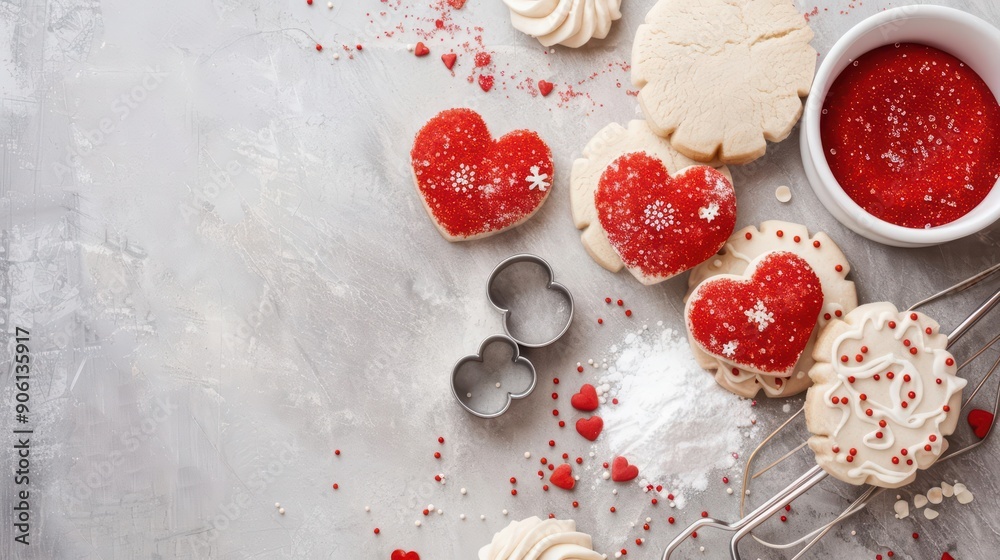 A flat lay of Valentines Day baking ingredients like heartshaped cookie cutters A flat lay of Valentines Day baking ingredients like heartshaped cookie cutters