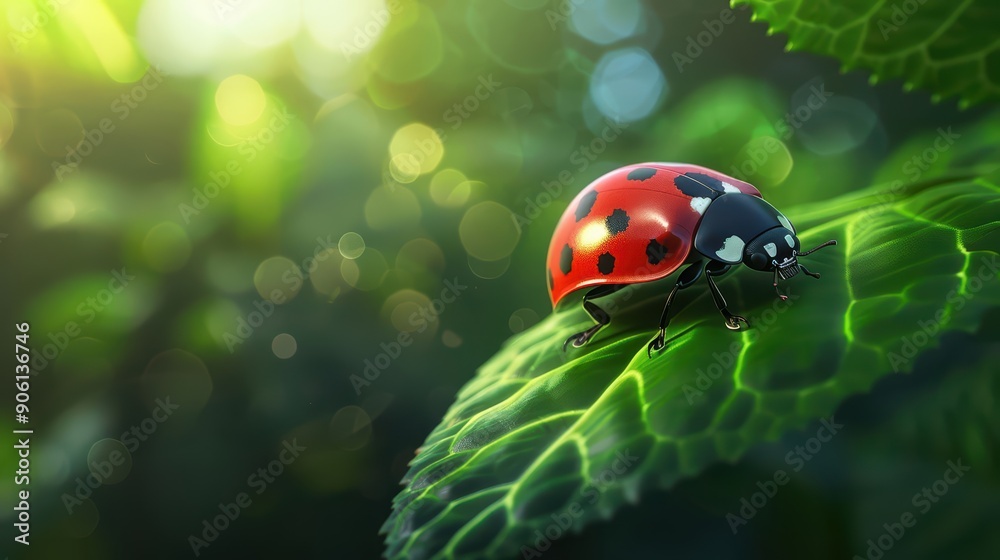 A mystical ladybug with glowing spots and sunlight filtering through A mystical ladybug with glowing spots and sunlight filtering through
