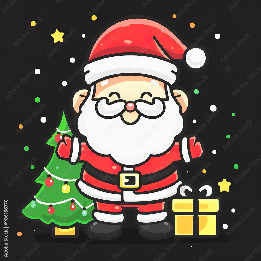 Cheerful Cartoon Santa Claus with Christmas Tree and Present Cheerful Cartoon Santa Claus with Christmas Tree and Present