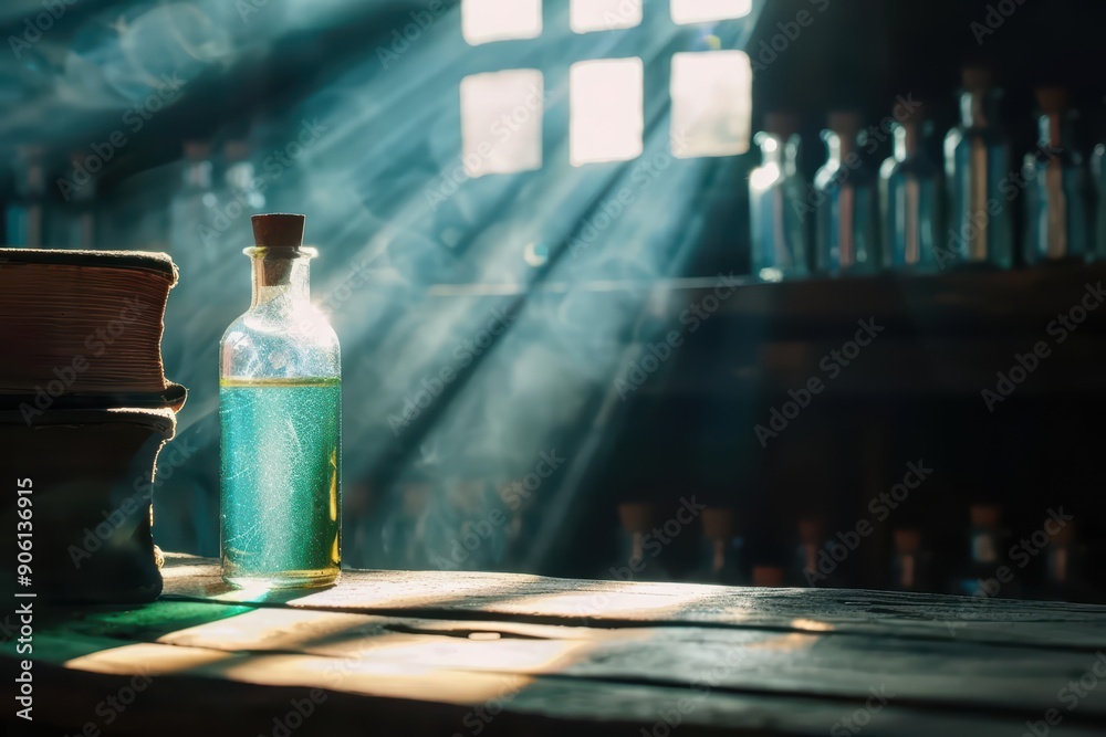 A mystical potion shop with glowing bottles and ancient tomes A mystical potion shop with glowing bottles and ancient tomes