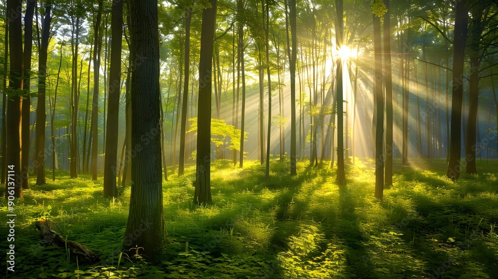 Obraz premium green pine forest with sunlight background,generative ai