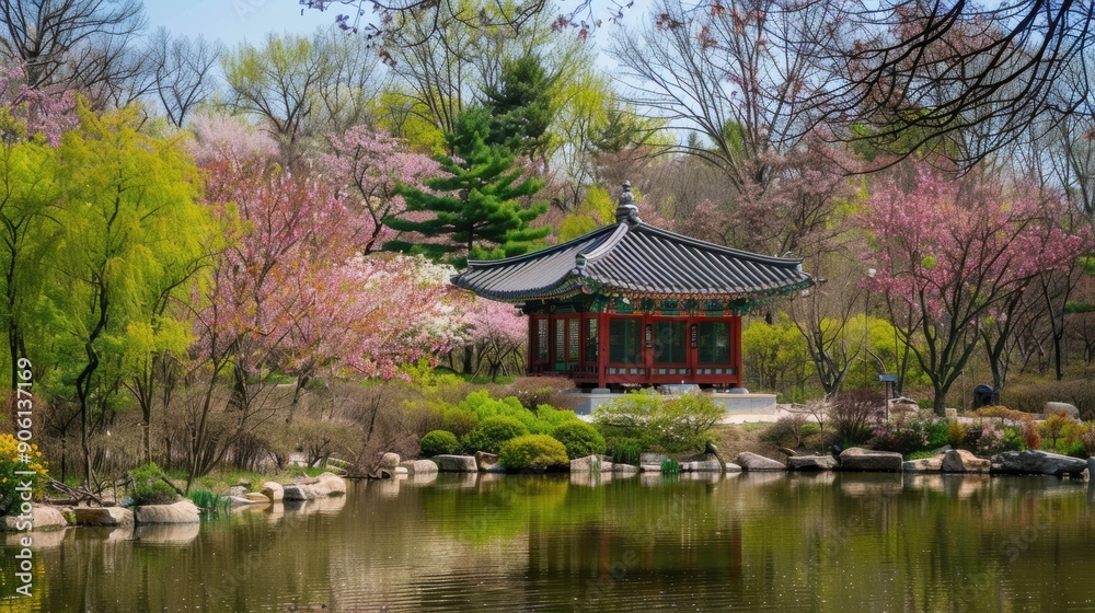 A serene Korean garden with blooming cherry blossoms, a tranquil pond, and a traditional pavilion A serene Korean garden with blooming cherry blossoms, a tranquil pond, and a traditional pavilion