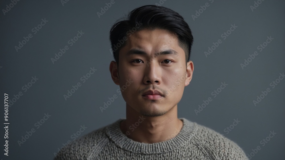 Fototapeta premium Handsome young Asian man in knitted sweater on grey background.