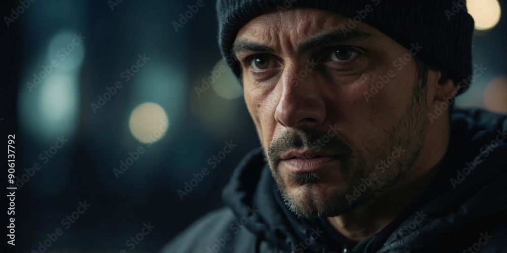 Intense Burglar Furrowing Brow in Deep Focused on Covert with Ominous Atmosphere. Intense Burglar Furrowing Brow in Deep Focused on Covert with Ominous Atmosphere.