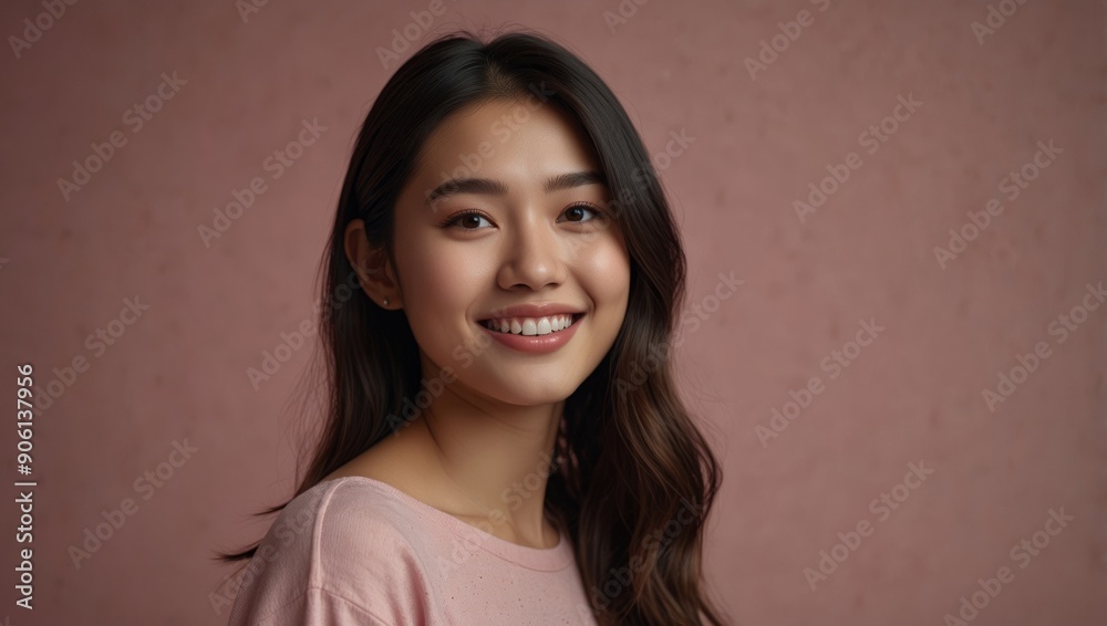 full length beauty photo of young Asian woman smile on pink background. full length beauty photo of young Asian woman smile on pink background.