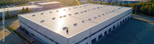 A large building with a white roof and a large sun in the sky. The sun is setting and the sky is filled with clouds