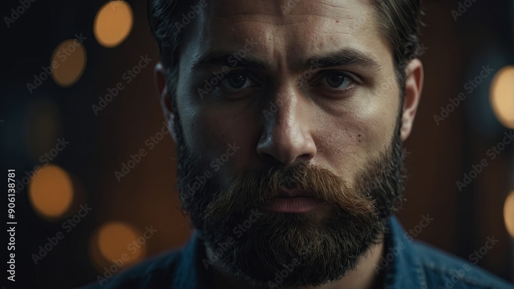 Face of a brutal bearded man A handsome, well-groomed young man with a beard and mustache A serious look.