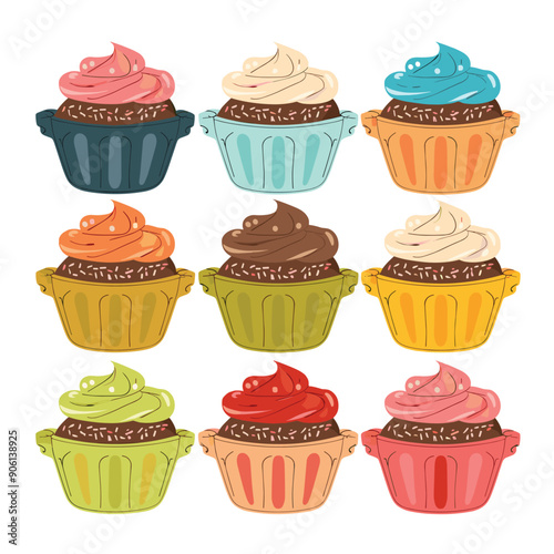 Assorted colorful cupcakes delicious sweet desserts isolated white background. Frosted cupcakes different flavors artwork design. Cartoon collection tasty bakery graphic