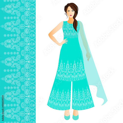 Stylish fashion vector illustration of a women weraing with traditional salwar suit with floral prints design