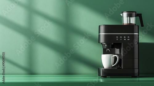Black Coffee Machine with a Cup and Green Background