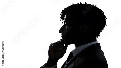 Silhouette side pose of African businessman with suit and hand touch chin in shadow against white background. concept of business leadership, thinking, decision