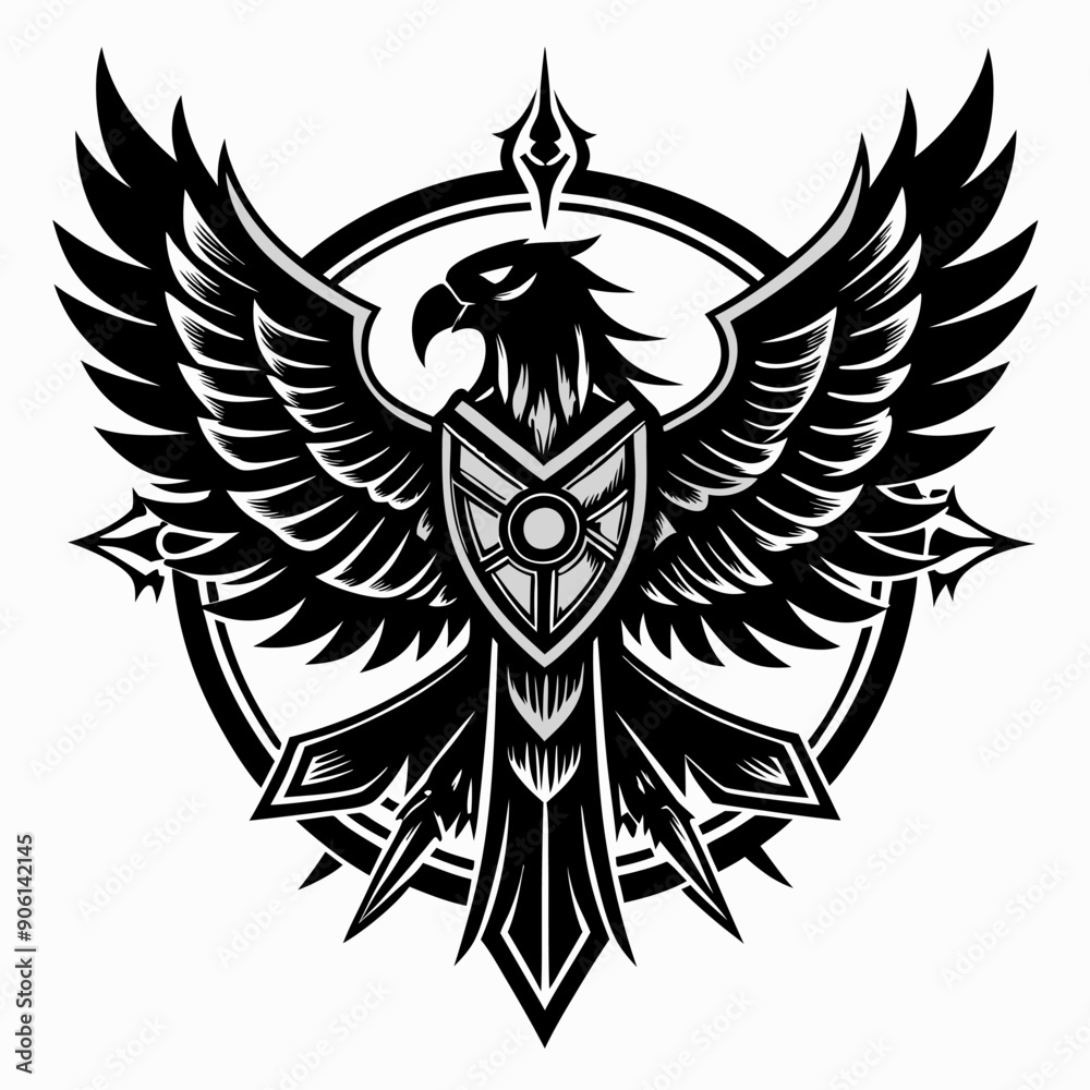 A black and white eagle with a shield on its chest A black and white eagle with a shield on its chest
