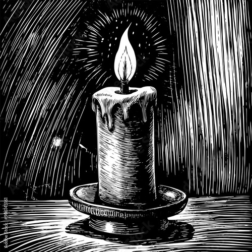 A candle is lit in a black and white drawing