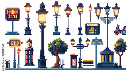 set of Pixel Art Collection of Street Lamps and Urban Lighting, lanterns, isolated on white png transparent background photo