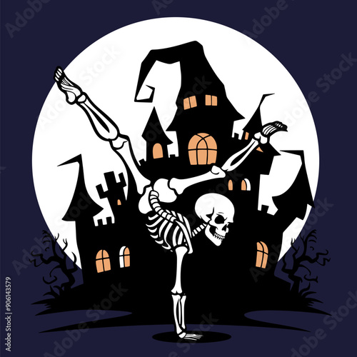 silhouette human skeleton doing fitness and yoga isolated on white background for t-shirt graphics, icons, posters, print, logo illustration. Halloween concept.