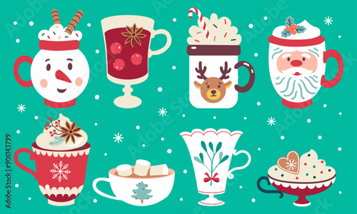 Christmas cups. Vector clipart collection. Hot drinks
