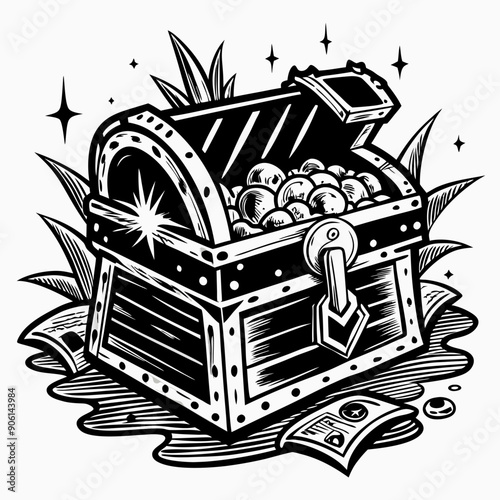 A black and white drawing of a treasure chest with gold coins inside