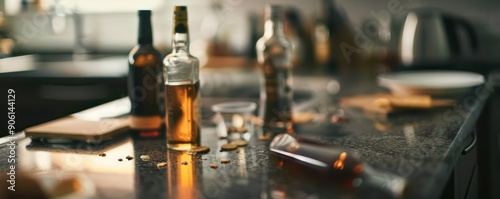 Closeup of a kitchen counter cluttered with empty bottles, dirty glasses, and snack remnants, reflecting the end of a celebration