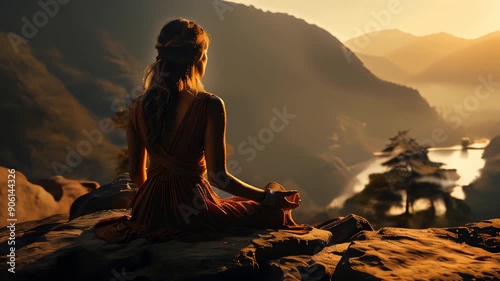 Meditation at sunset over majestic mountain valley