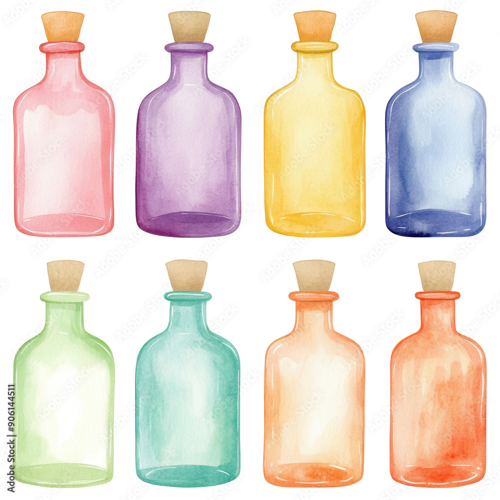Vibrant Collection of Eight Painted Bottles on a Gradient Blue Background Vibrant Collection of Eight Painted Bottles on a Gradient Blue Background