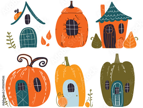 Pumpkins transformed into whimsical fairy tale houses, adorned doors, windows, playful roofs. Leaves vines accentuate enchanting pumpkin abodes, unique color design. Illustration concepts autumn