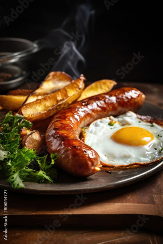 Roast sausage, fried egg and grilled potatoes, generated by artificial intelligence