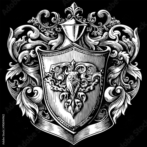 A black and white drawing of a shield with a bird on it