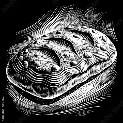 A drawing of a bread loaf with a crusty edge and a hole in the middle