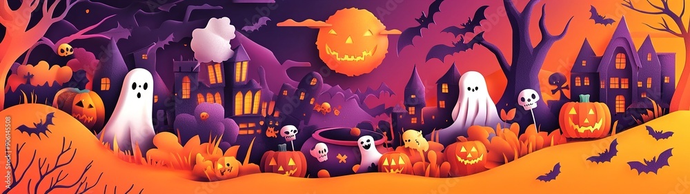 Happy Halloween banner or party invitation background with clouds, bats and pumpkins. Vector illustration. sky, spiders web.illustration.