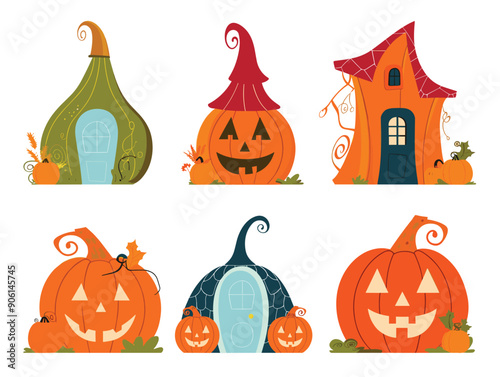 Six Halloween themed houses pumpkins cheerful faces, caricature features harvest elements, such leaves has vivid, festive colors. Cartoon style graphics perfect Halloween event decoration festive