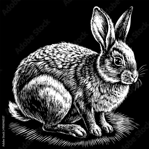 A black and white drawing of a rabbit sitting on the ground