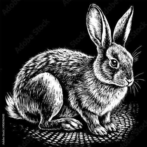 A black and white drawing of a rabbit sitting on a surface