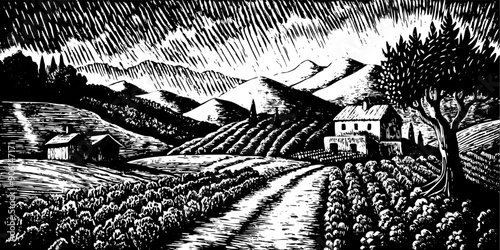 A black and white drawing of a rural landscape with a road leading to a house