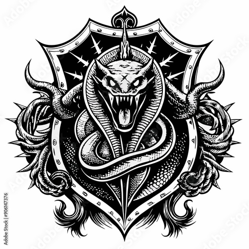 A black and white drawing of a snake with a dragon head