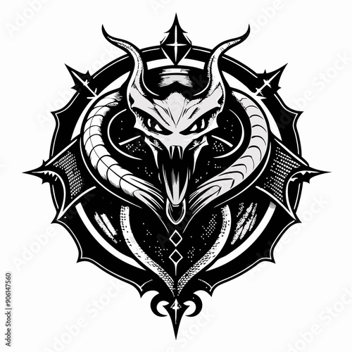 A black and white drawing of a dragon with a mouth open and a cross on its head