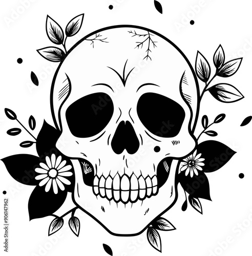 A skull with flowers surrounding it