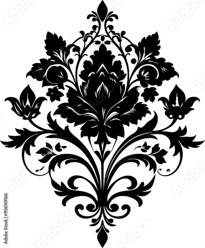 A black and white floral design with a white background