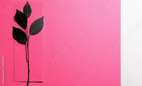 Minimalist Design: Black Leaves on a Pink and White Background with Copy Space photo